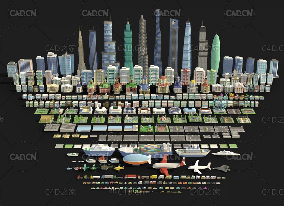 420个低面多边形城市建筑C4D模型 Tile pack city 3d low poly