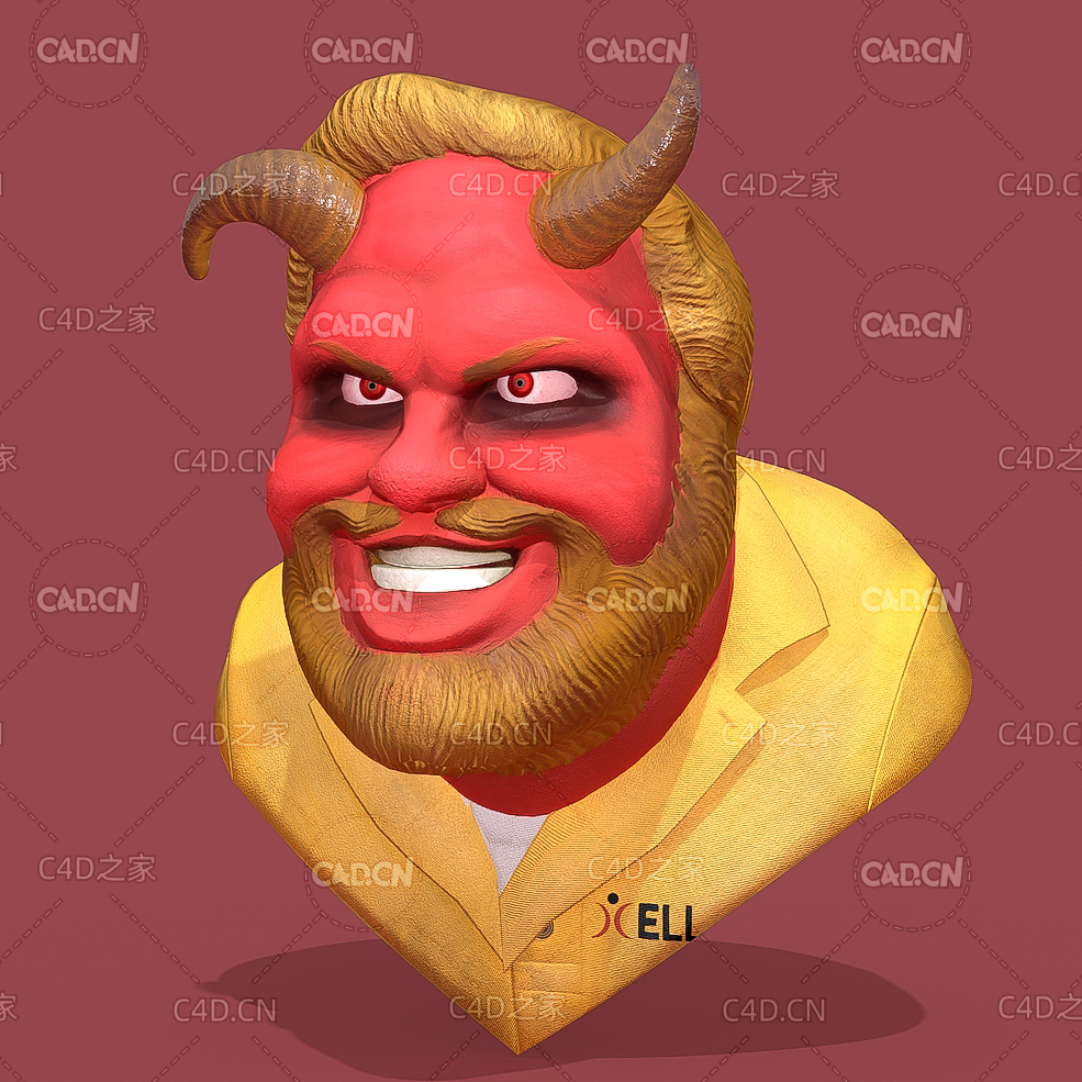 长牛角的红脸怪头像牛魔王C4D模型 Bull Demon
