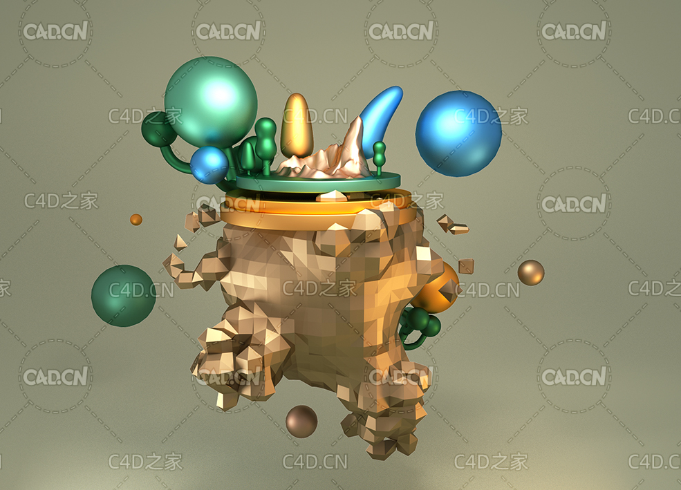 低面多边形卡通悬浮山石树木景观C4D OCTANE工程 - C4D之家 - 0365.jpg