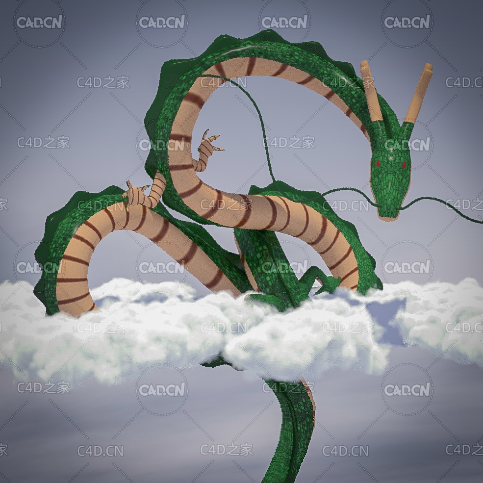 绿色小龙模型 云雾中的小青龙卡通模型 Shenron