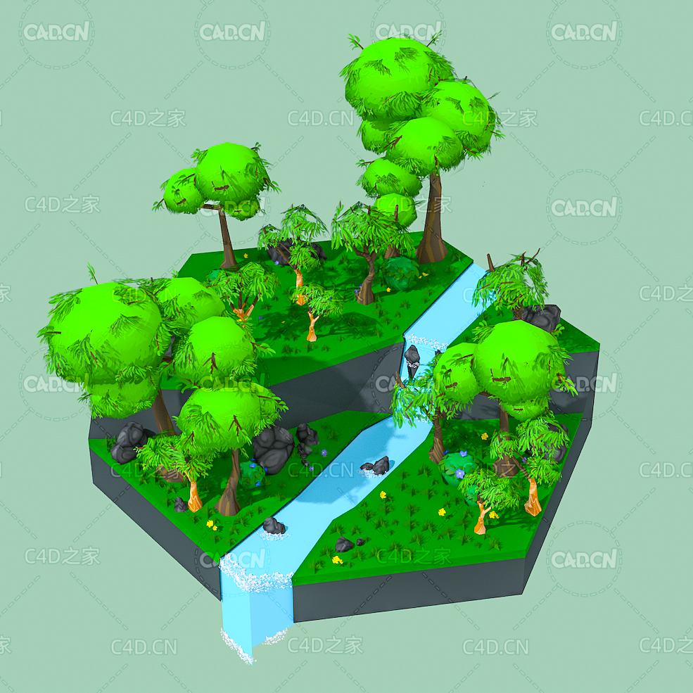 低面多边形自然景观-卡通小河边的树木春天绿色景观场景 nature pack - C4D之家 - TREE-ONE.jpg
