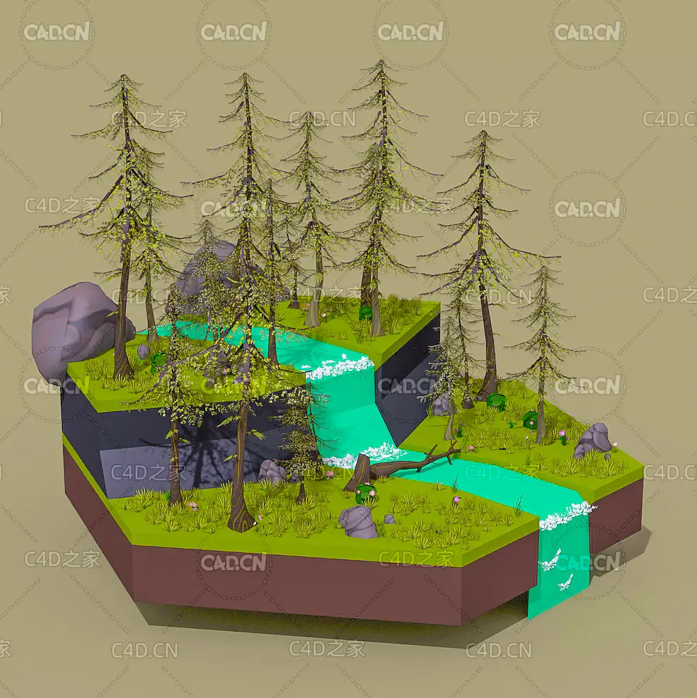 低面多边形卡通松树林间小溪水自然景观模型 nature pack - C4D之家 - TREE-TWO.jpg