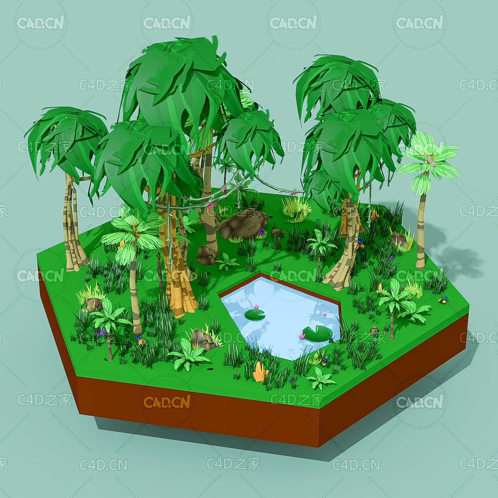 低面多边形卡通植物园景观场景模型 nature pack