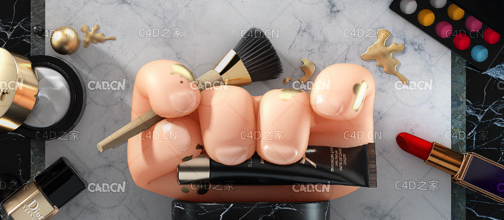 手拿化妆毛刷的天猫卡通手电商海报背景C4D OCTANE工程