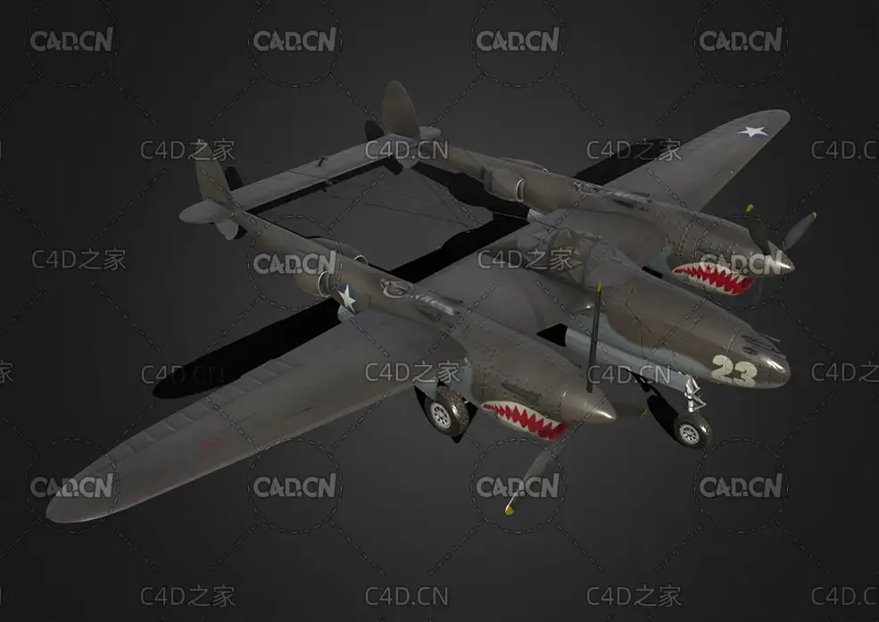 美国二战时期P38-D闪电战斗机C4D模型 Lightning fighter 3d model