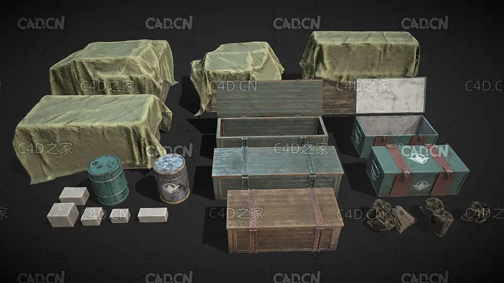 军用物资木箱油桶麻袋C4D模型 Military supplies 3d model