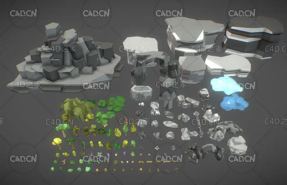 低面多边形植物石头景观装饰C4D模型 Low polygonal plant stone