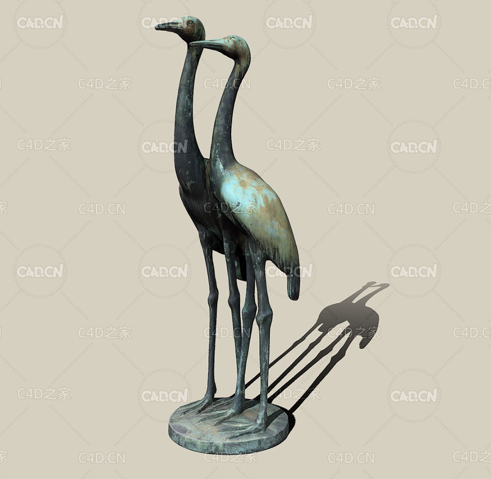 两只青铜仙鹤雕塑C4D模型 Crane
