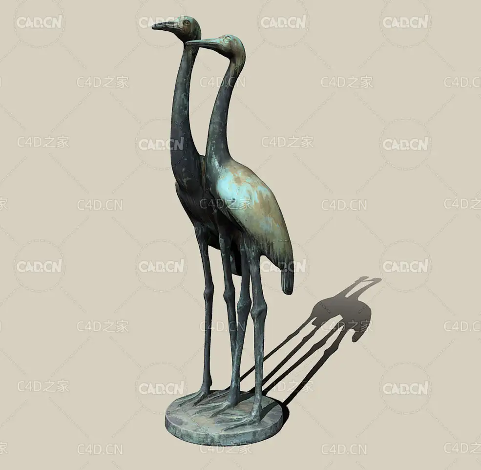 两只青铜仙鹤雕塑C4D模型 Crane