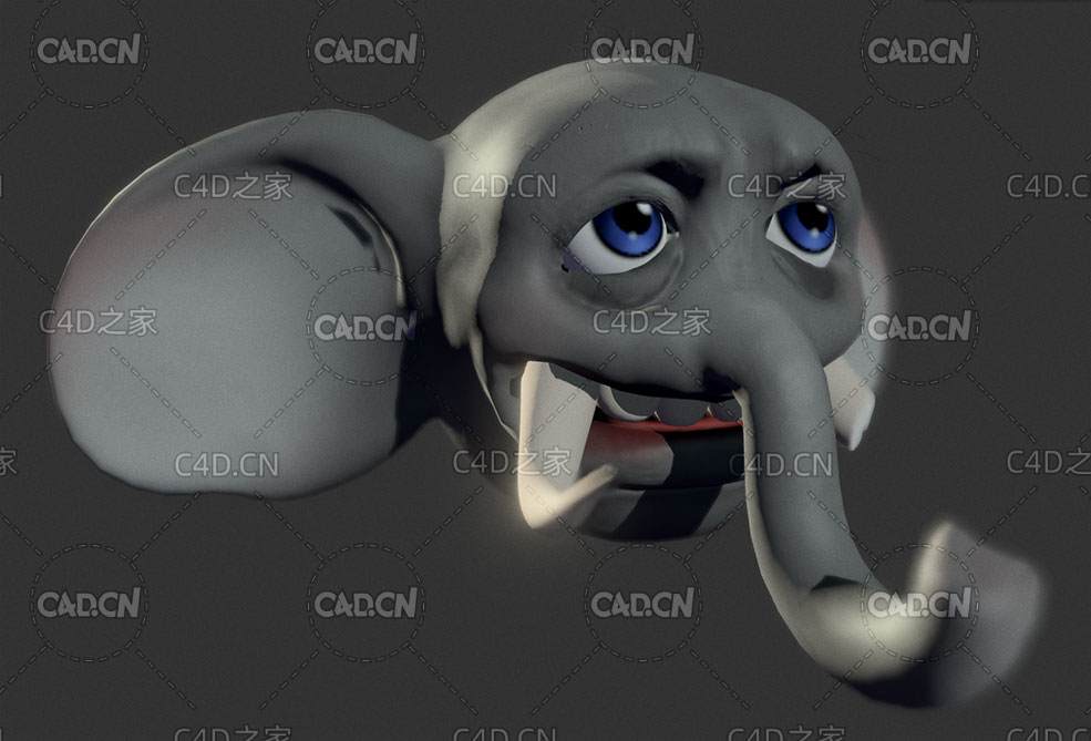 象牙断裂的卡通大象头部C4D模型 Cartoon elephant