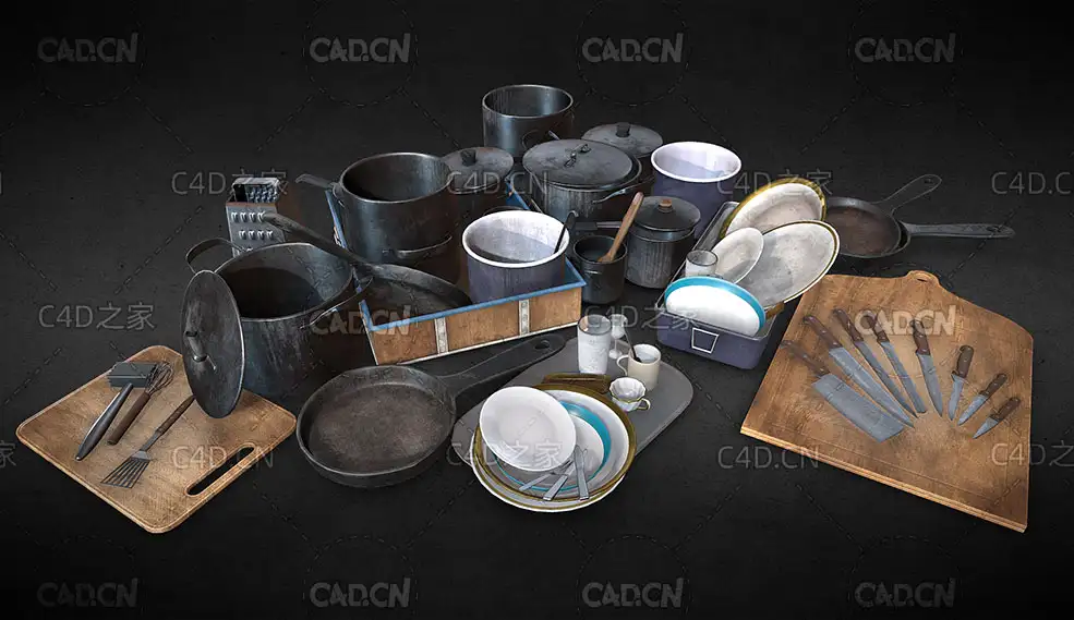 餐厅厨房锅碗瓢盆餐具套装C4D模型 tableware