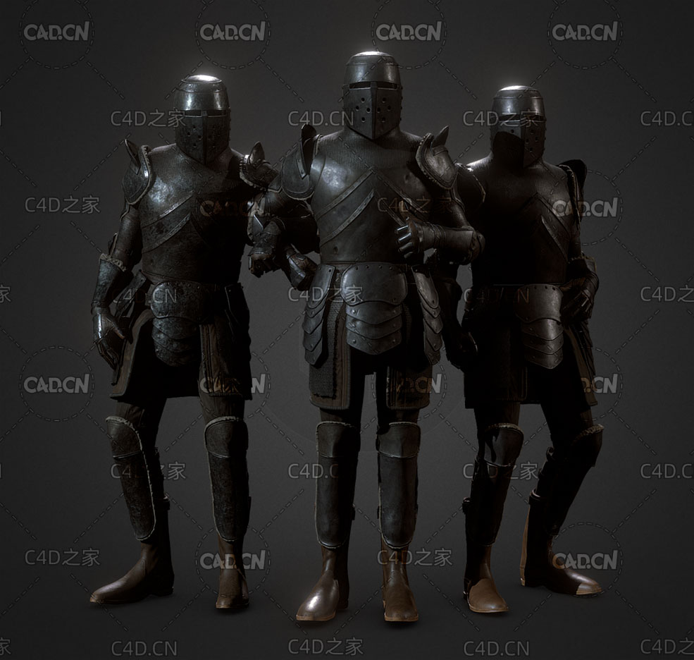 3名铠甲战士盔甲骑士人物C4D模型 Lowpoly PBR