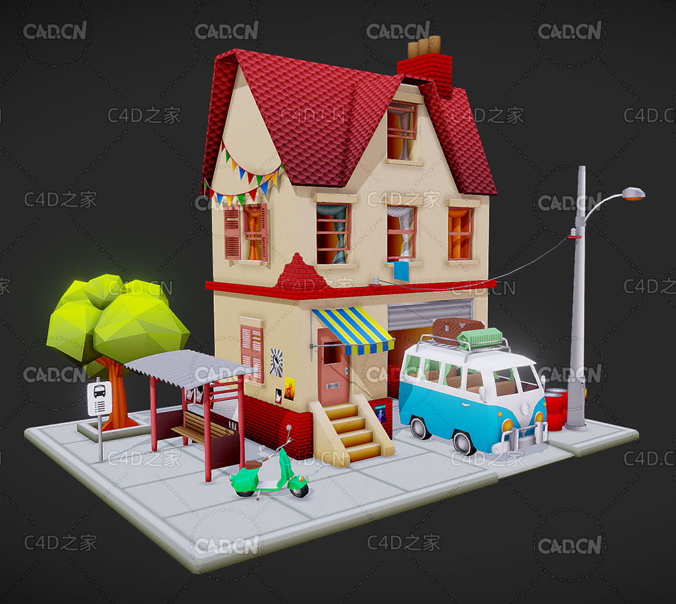 卡通房屋建筑汽车模型 Cartoon house - C4D之家 - 100-卡通房屋建筑.jpg