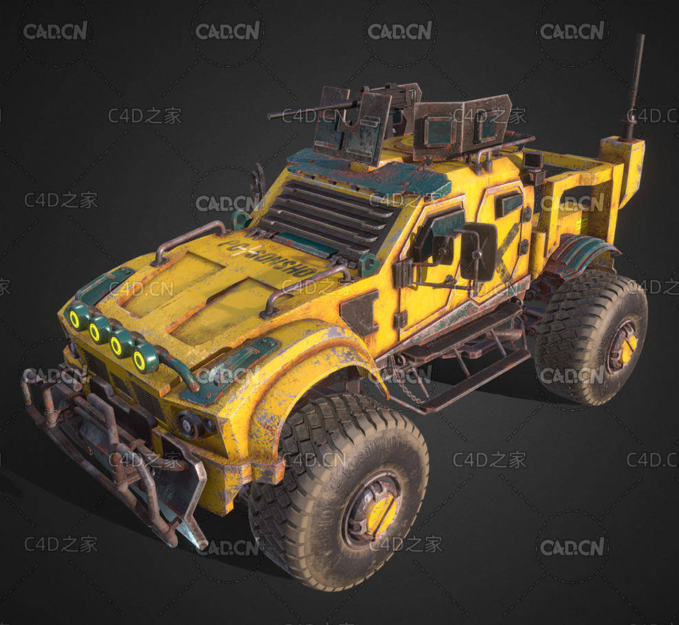 锈迹斑斑的黄色武装越野汽车C4D模型