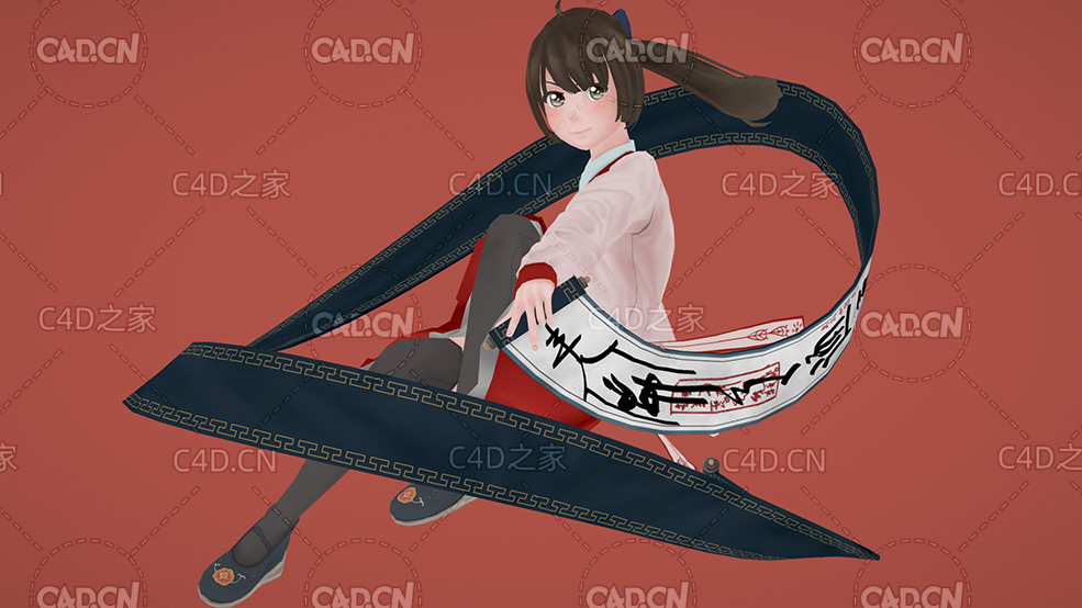 手舞画轴卷轴的卡通日本动漫女孩游戏角色C4D模型 - C4D之家 - 07.jpg