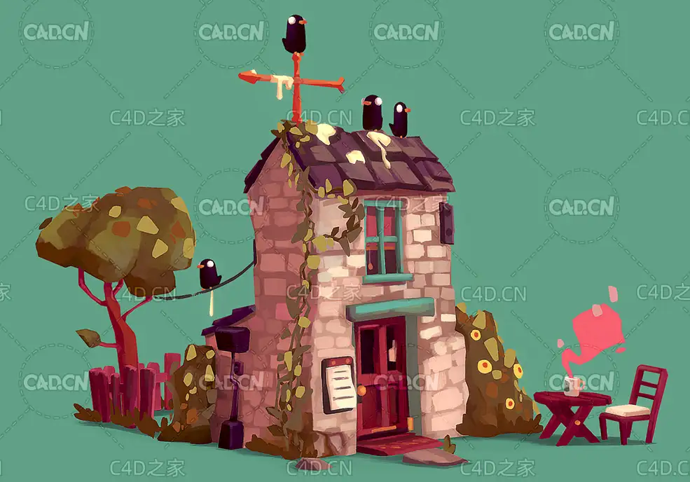 低面卡通油画风格两层小屋场景C4D模型 Oil painting style two-story co