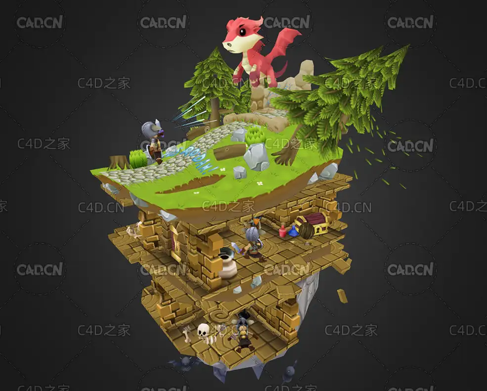 低面卡通地下小屋游戏场景C4D模型