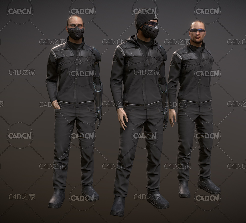 戴防毒口罩的黑衣机械臂杀手C4D模型