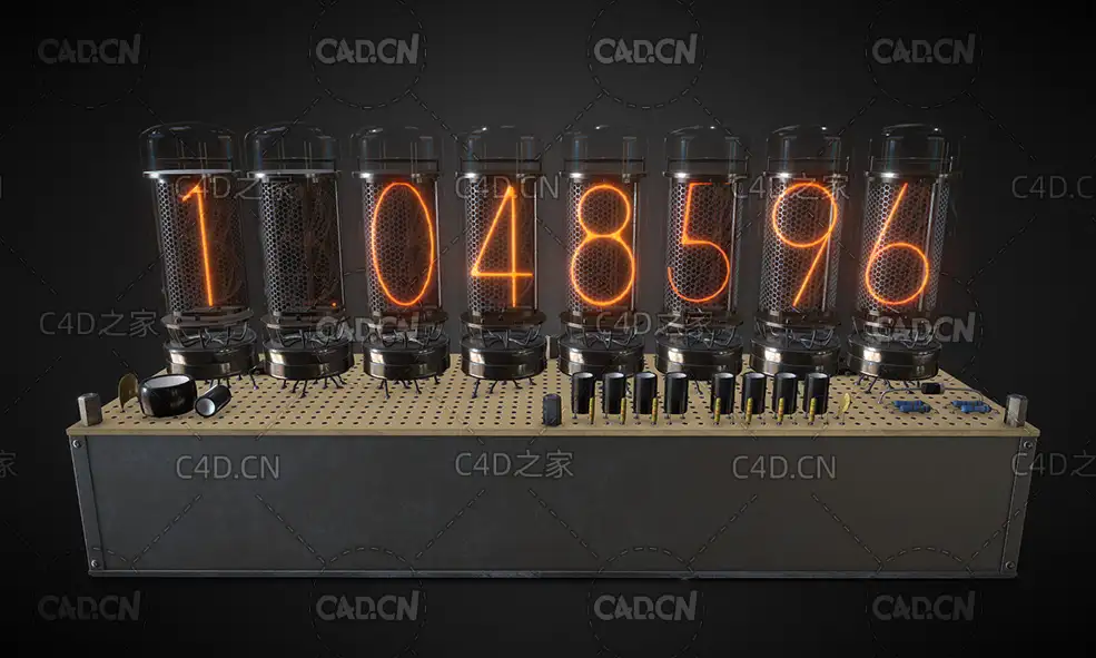 辉光钟 辉光数码管电子时钟 辉光管发光数字C4D模型 nixie tube