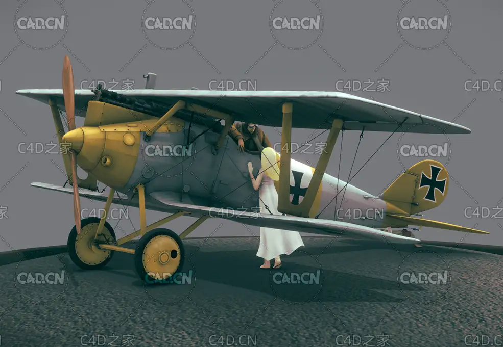 德国二战双翼飞机起飞前飞行员与亲人告别C4D模型 airplane
