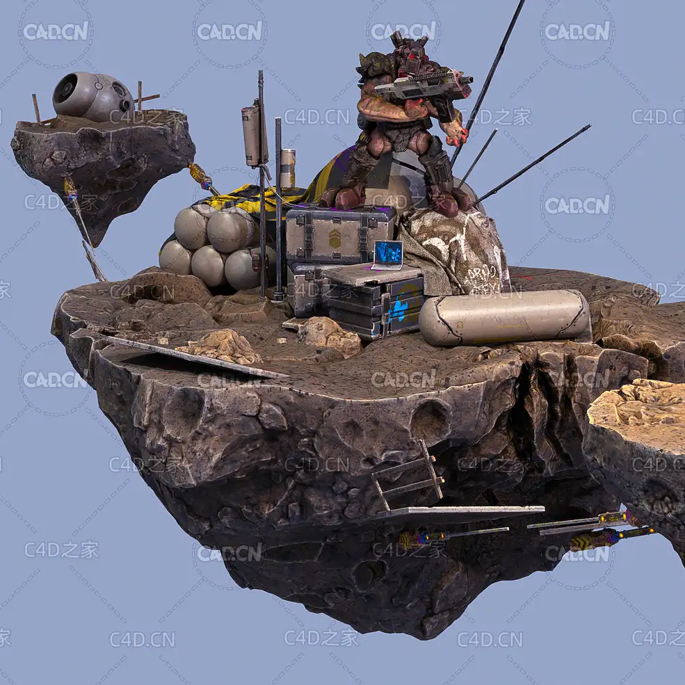 手拿武器的外星怪物悬浮的太空陨石场景C4D模型 Fallen Cargo