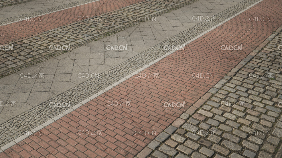 无缝红砖石头地砖五条人行道地面贴图模型 complete pavement