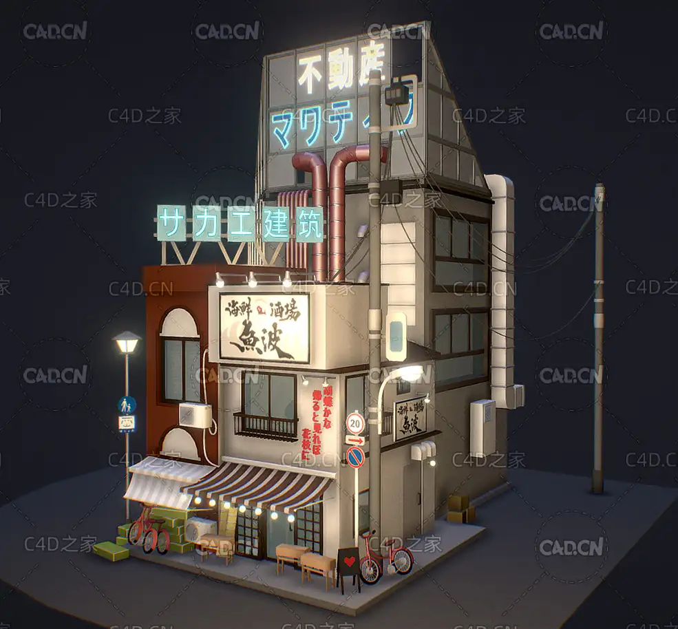 街边卡通日本建筑日式料理店楼房建C4D筑模型
