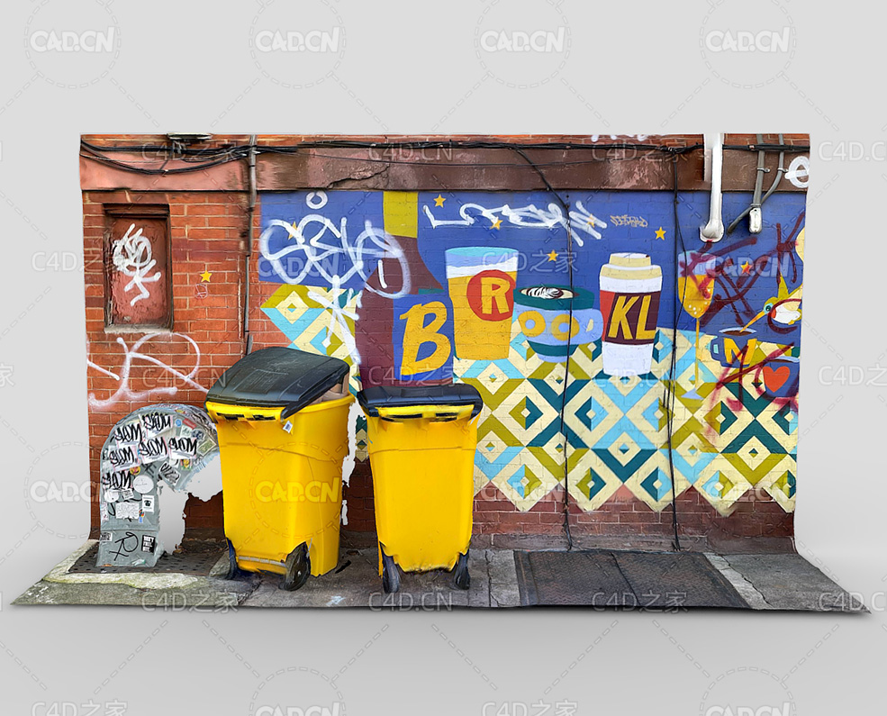 涂鸦砖墙垃圾桶3D扫描场景模型 Graffiti brick wall trash can - C4D之家 - 28.jpg