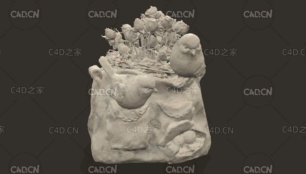 玫瑰花袋子上的鸟雕塑C4D模型 Rose flower and bird sculpture