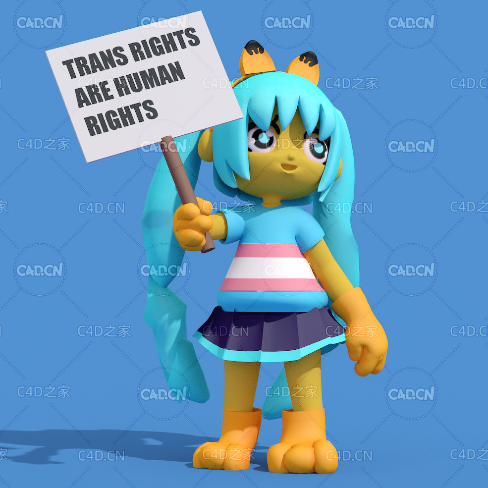 举牌子的卡通小女孩C4D模型 Cartoon little girl