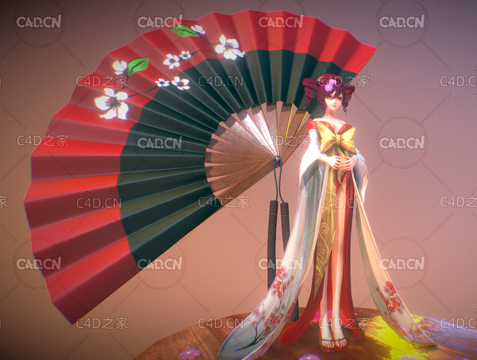 折扇日本女性卡通角色模型