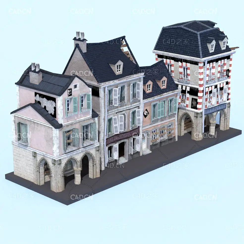 4栋连体欧洲建筑C4D模型