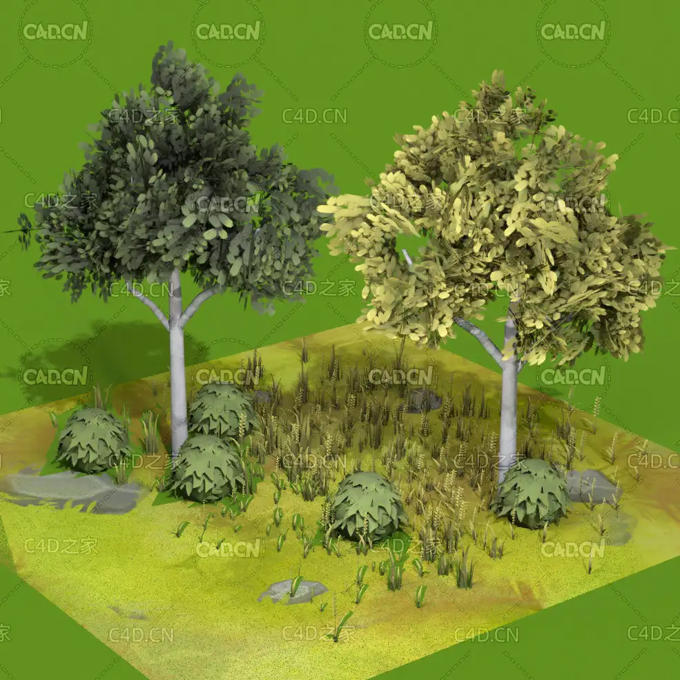 低面卡通树木植物C4D模型 Cartoon trees