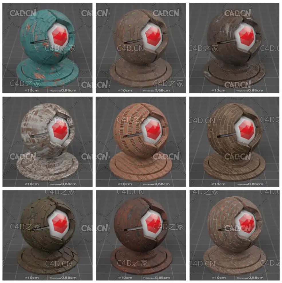 10个C4D Redshift破旧砖墙贴图材质预设 Redshift Mutating Materials Bricks Texture
