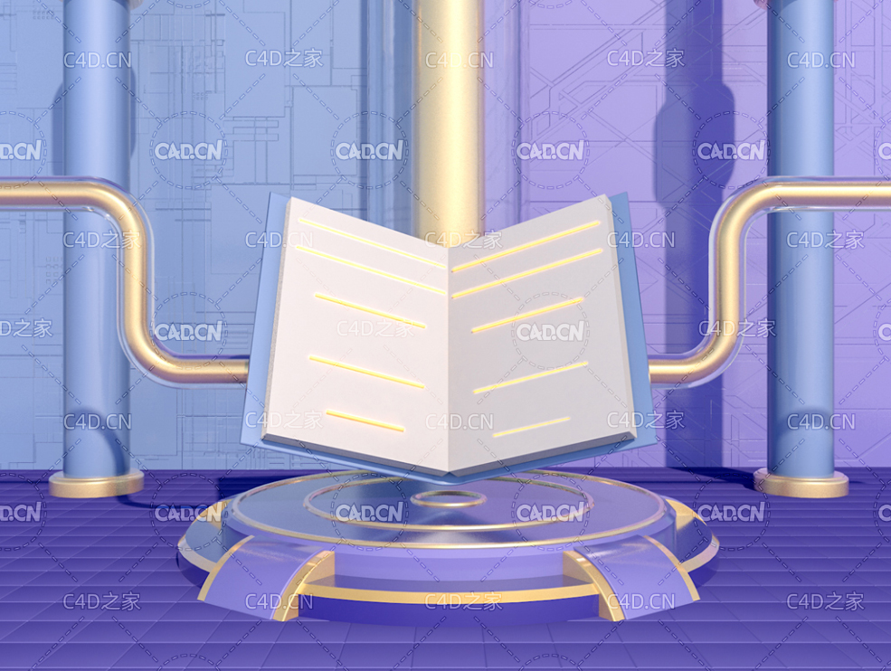 紫色舞台展开的书本卡通场景电商背景C4D创意工程