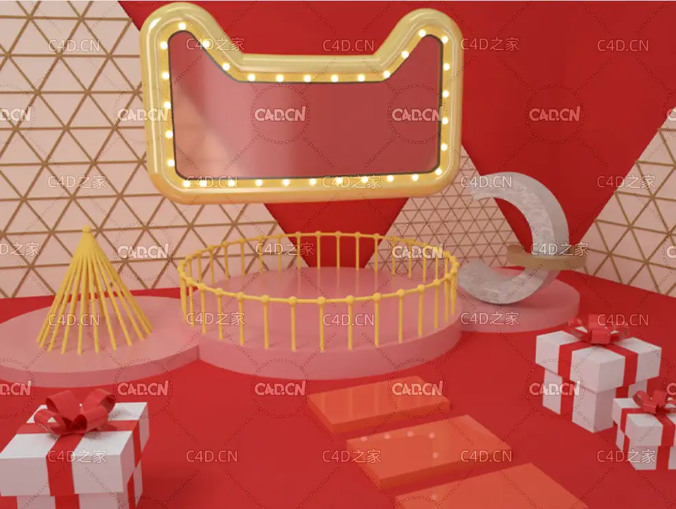 红色电商背景天猫霓虹灯标志C4D工程