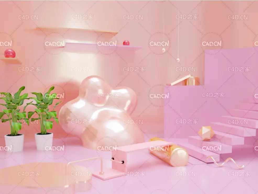 粉色卡通电商背景创意C4D工程