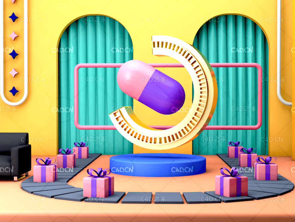 卡通胶囊礼物盒流水线电商广告背景C4D工程