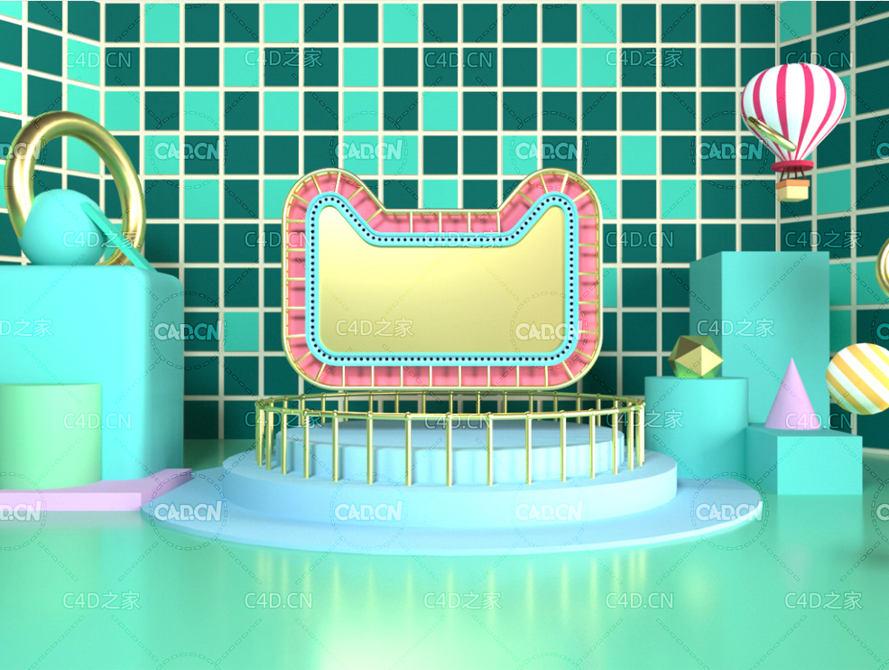 卡通青绿色天猫电商展台背景C4D工程