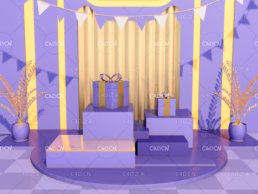 蓝紫色电商礼品大放送创意C4D背景工程