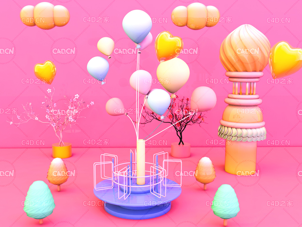 粉色气球C4D电商背景创意工程