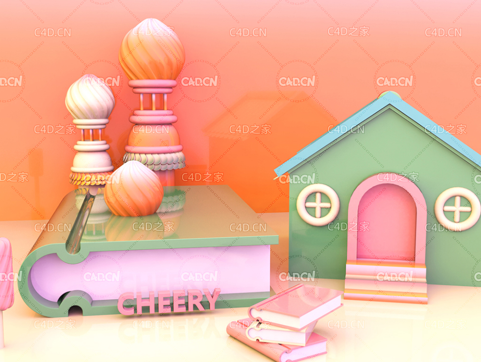 C4D粉色系卡通书本上的城堡电商背景工程