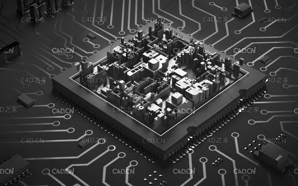 C4D配合Octane插件建模三维科幻城市高楼大厦科技芯片电