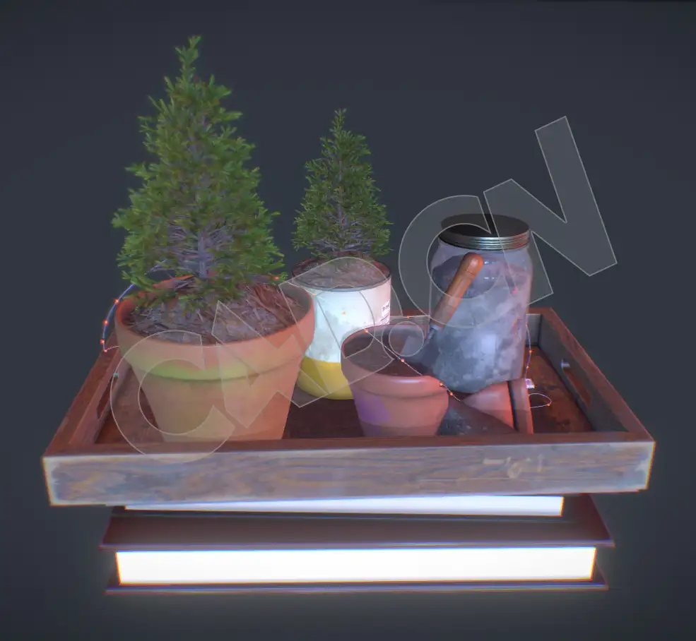 废旧油漆桶树苗盆景松树盆栽植物C4D模型