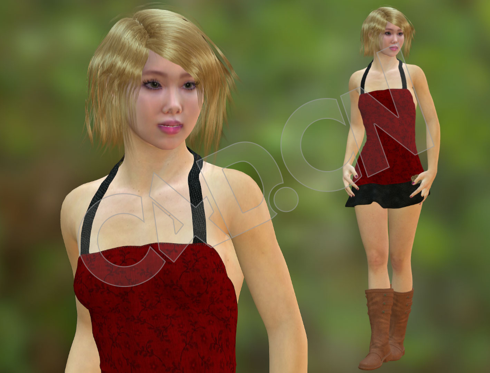 性感长靴短裙苗条女孩C4D低面人物模型