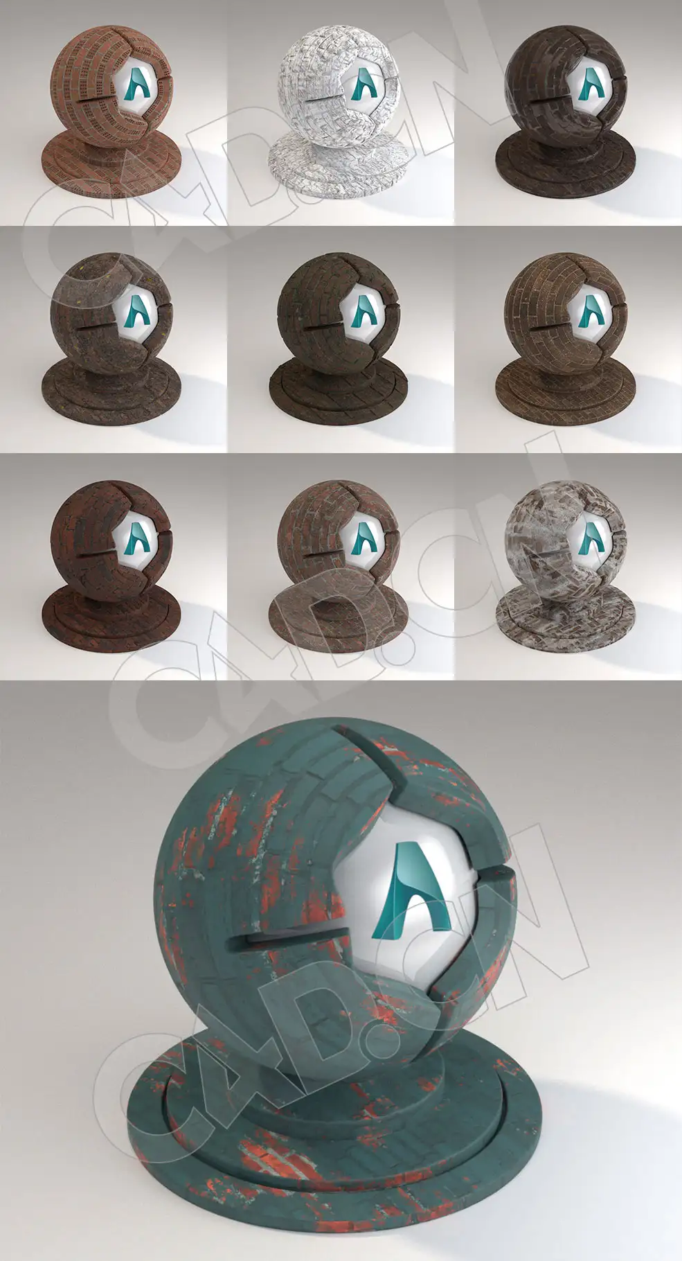 C4D Arnold旧砖墙材质球合集（10款砖墙）Arnold Mutating Materials Bricks Sampler