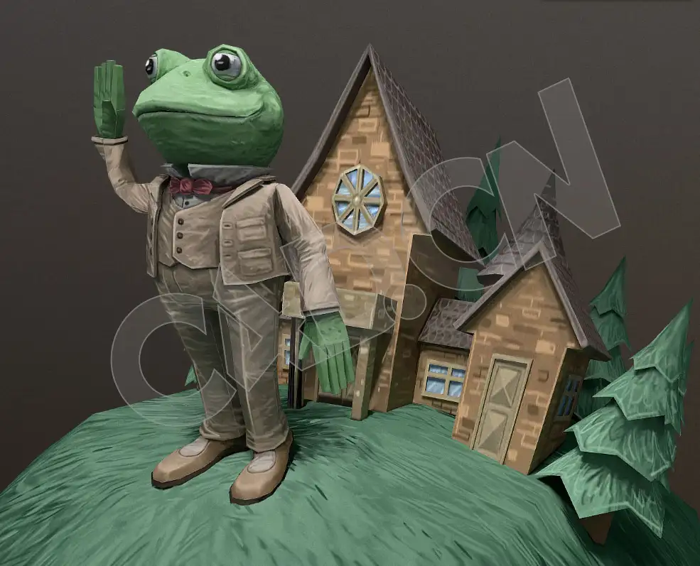 站在房屋前挥手的低面青蛙先生绑定C4D模型