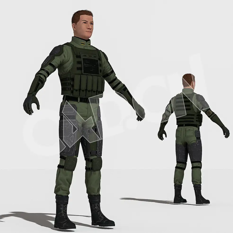 穿护甲防弹衣的男士兵CS游戏人物C4D绑定模型 CS_Takuma