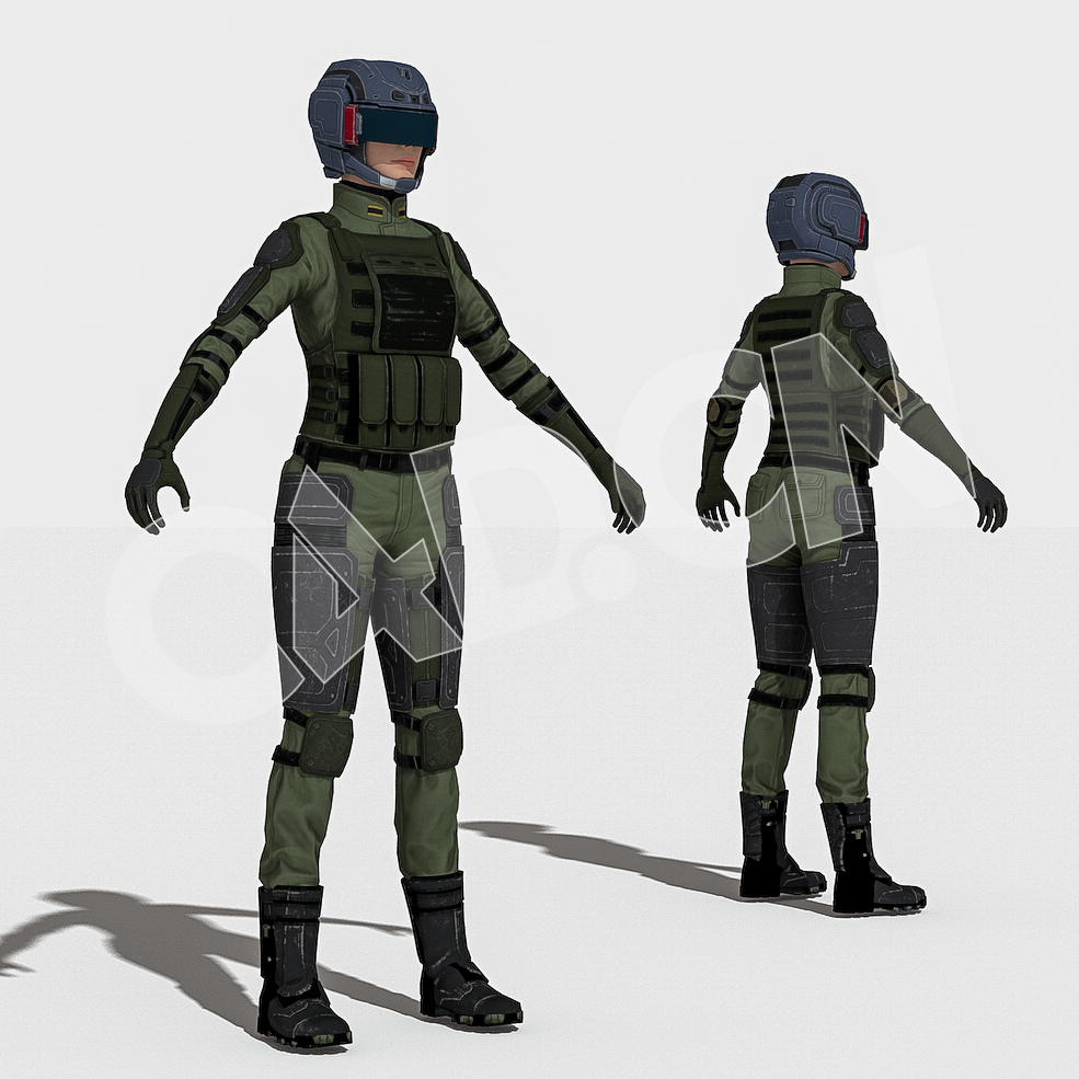 星河舰队女骑兵戴科幻头盔穿防护服的女军人士兵战士C4D人物绑定模型IG_Brenda_Troop