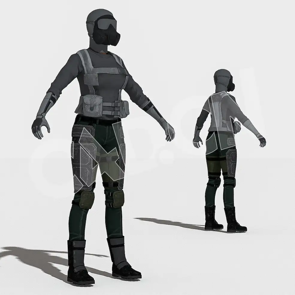 头戴防毒面罩的防化女兵女军人女战士C4D人物绑模型IG_KR_D